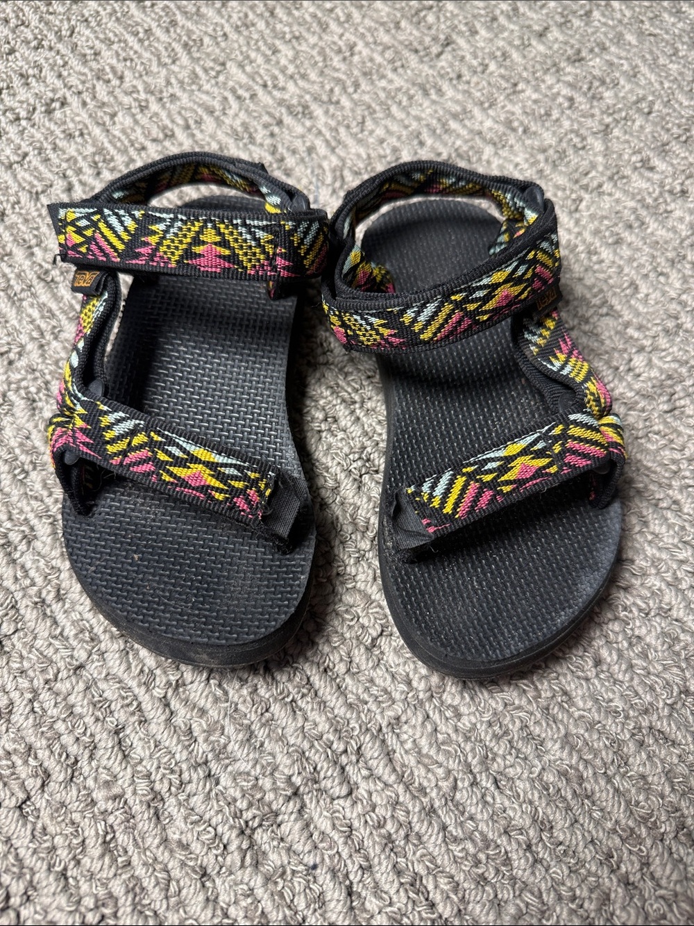 Teva Black Sandals with Pink and Yellow Patterned Straps